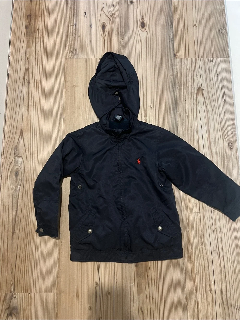 Ralph Lauren Navy Hooded Kids Raincoat with Red Pony Embroidery